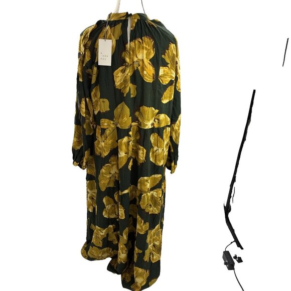 A New Day Womens L Green Yellow Floral Maxi Dress Long Sleeve High Neck Flowing - Picture 4 of 7